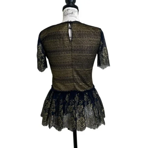 Marchesa Voyage Top Blouse Lace Short Sleeve Black Gold Whimsygoth Size 2 NEW - Picture 3 of 8